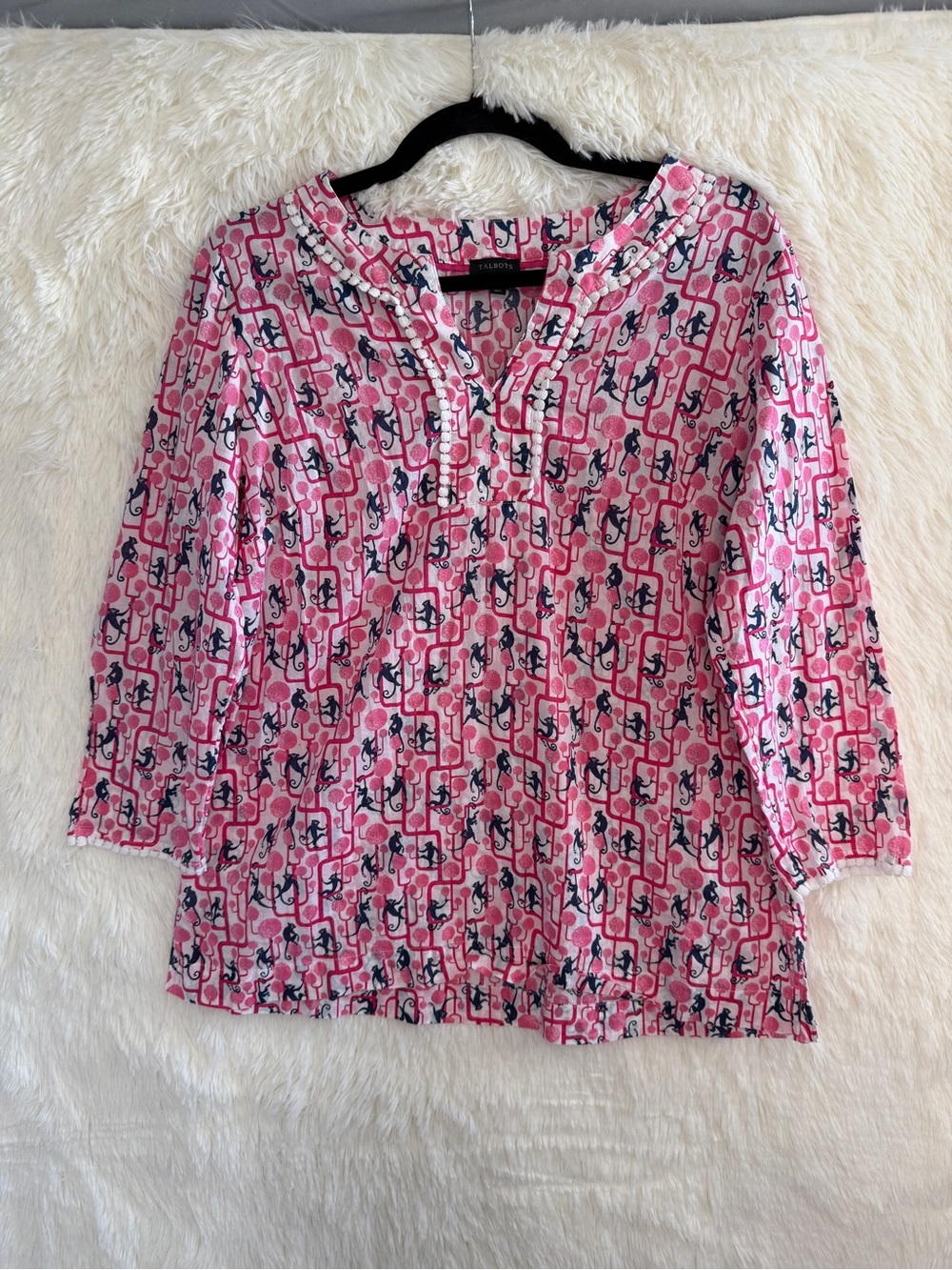 Talbots Womens Preppy Monkey Print Blouse Size M Pink Blue Resortwear Cotton